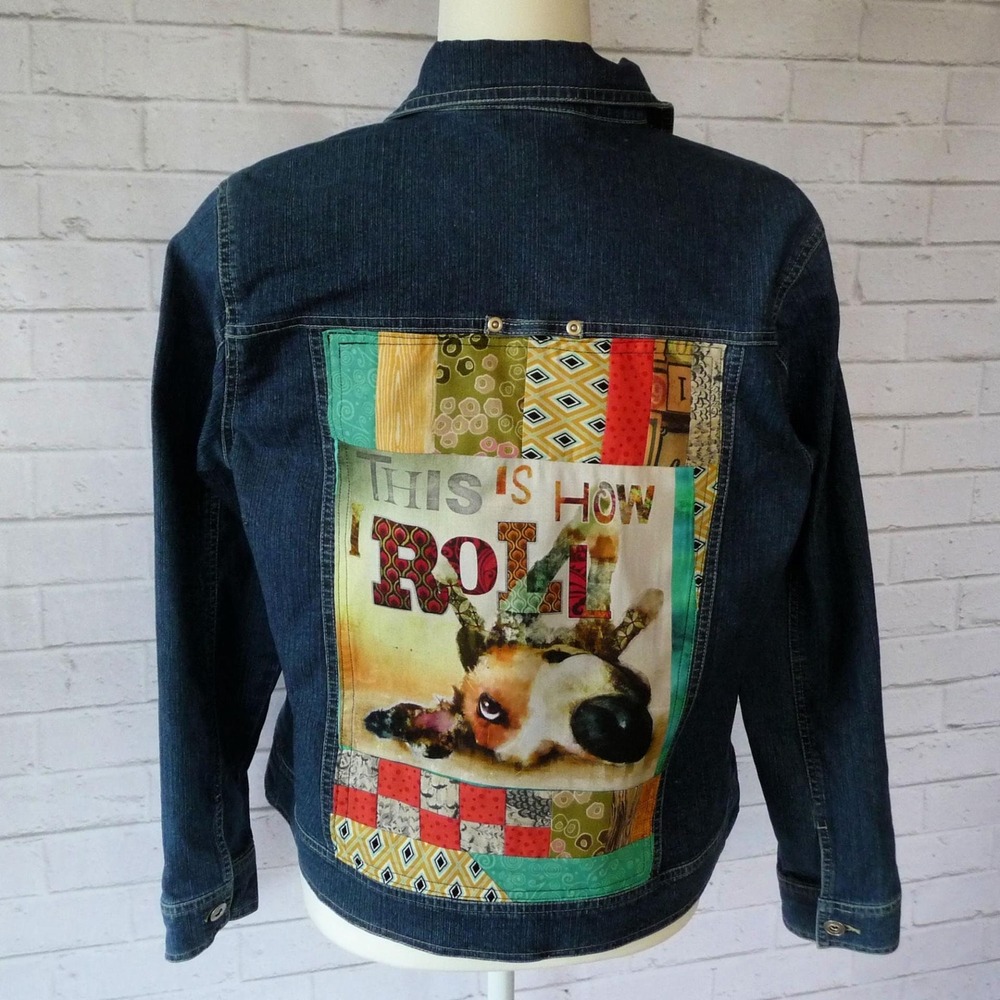 Upcycled Patchwork Denim Jacket Size S Dog "This Is How I Roll" Statement Jacket